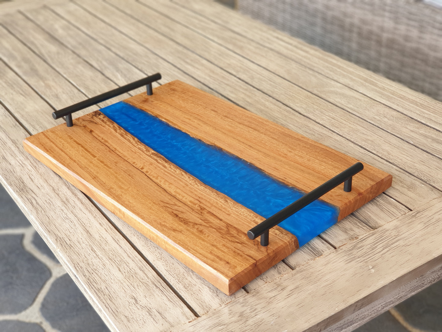 Box serving tray with Sapphire resin river.