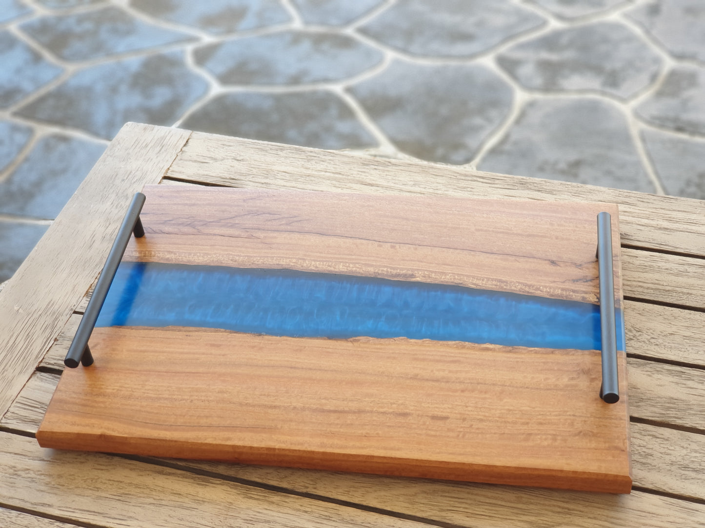 Box serving tray with Sapphire resin river.