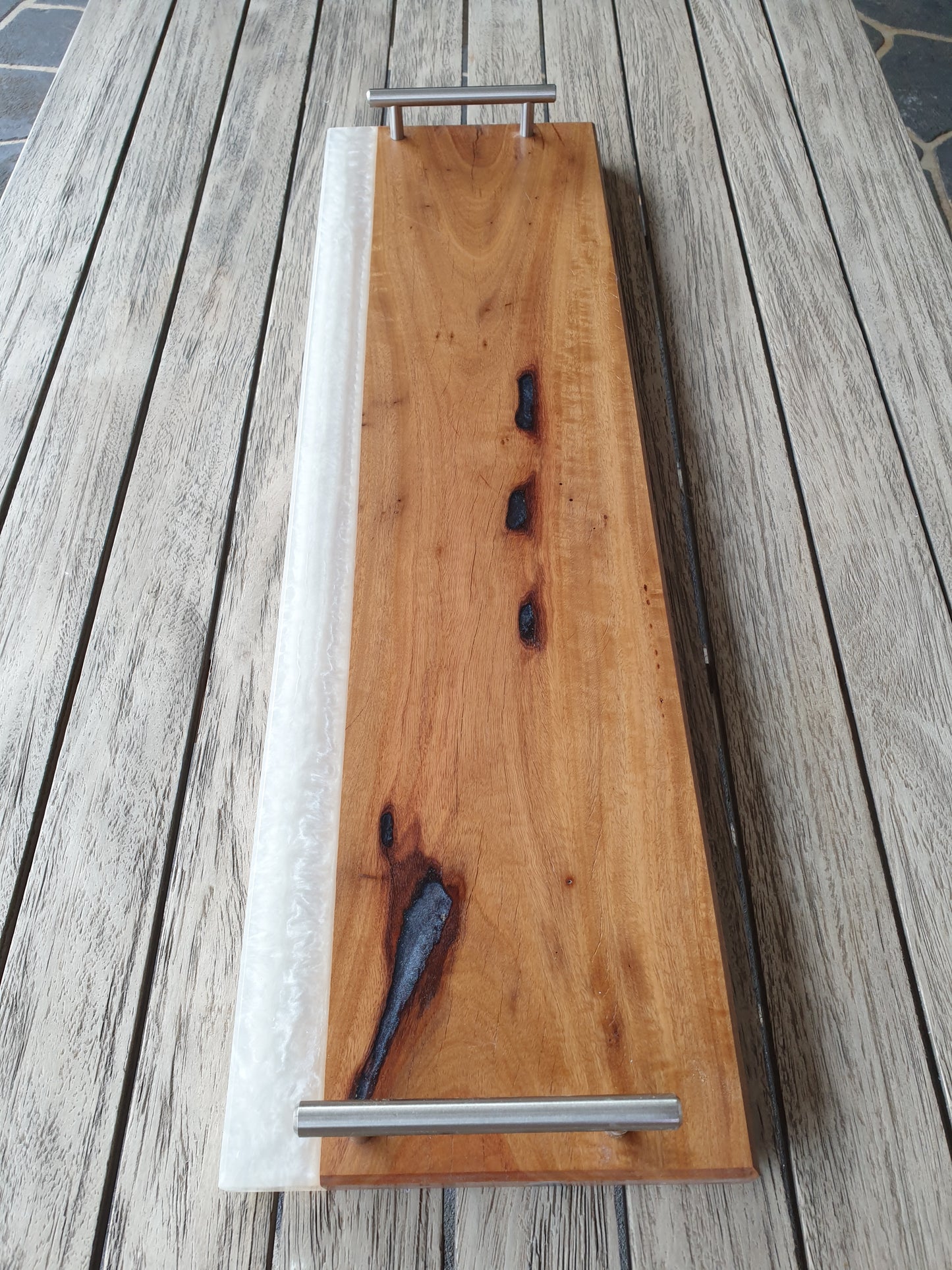 Box serving platter with Pearl White resin edge.