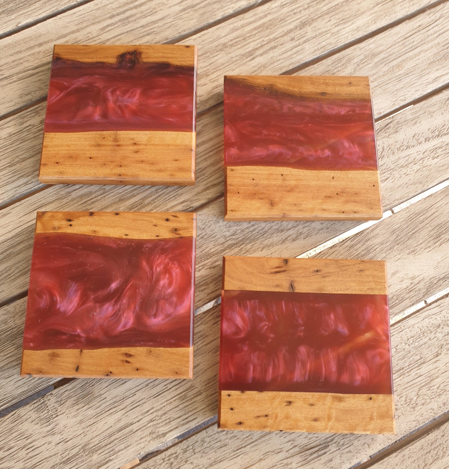 Red resin and timber Coasters set 2