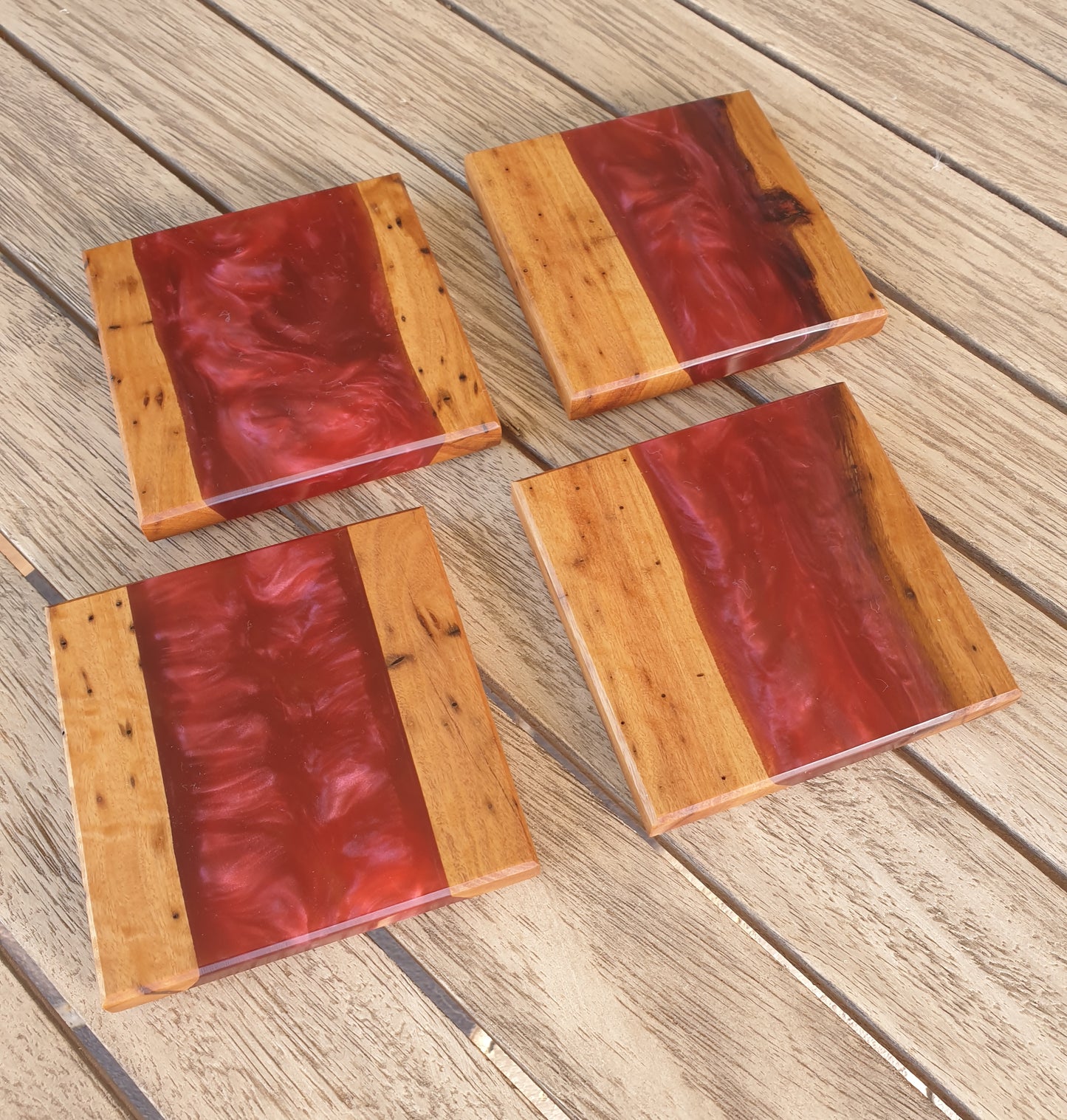 Red resin and timber Coasters set 2