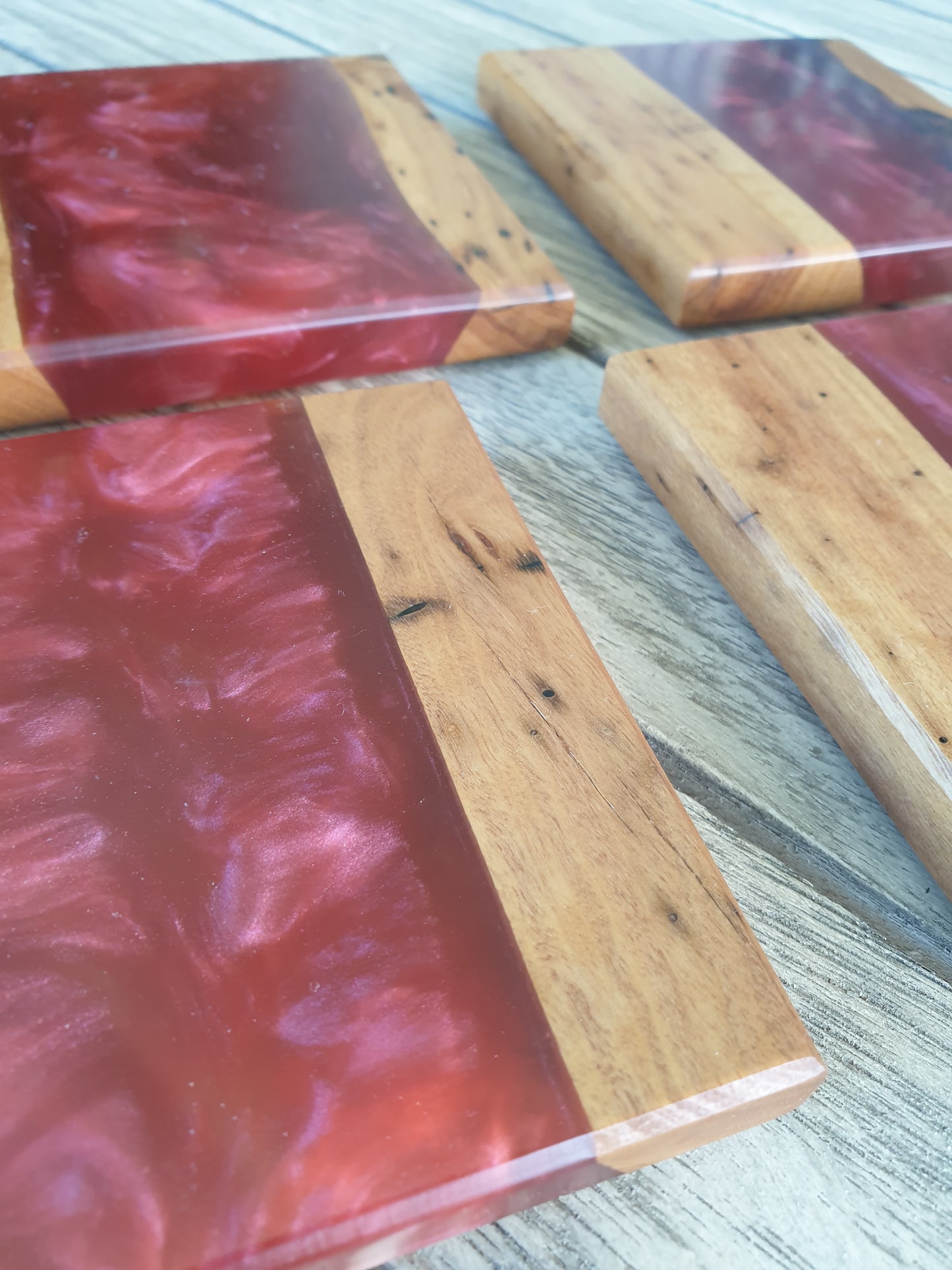 Red resin and timber Coasters set 2