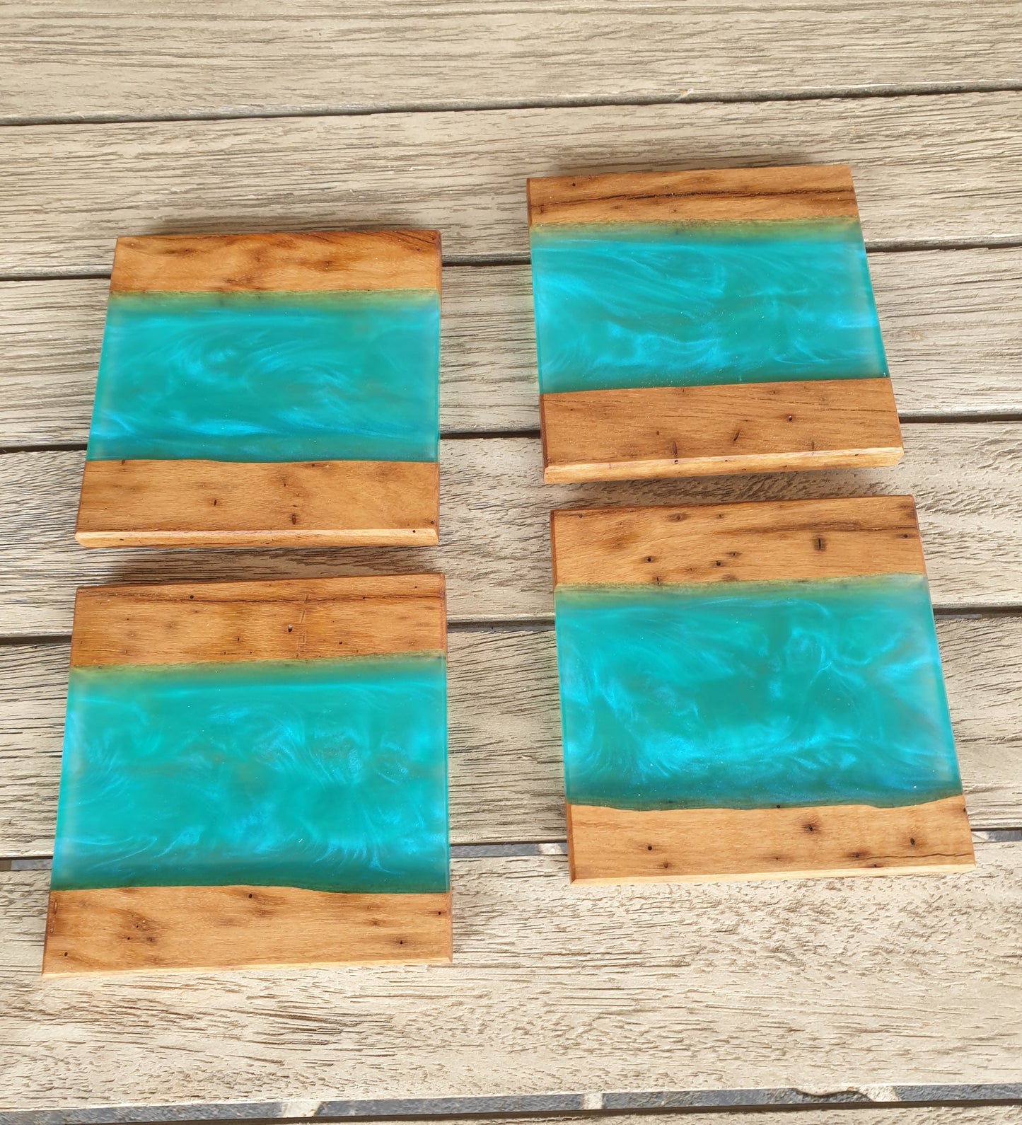 Aqua blue resin and timber Coasters set 2