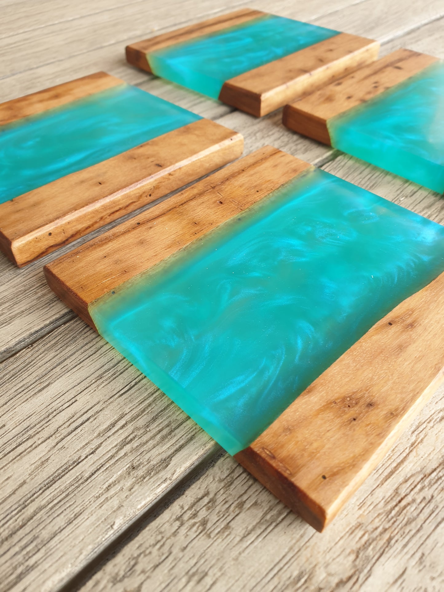 Aqua blue resin and timber Coasters set 2