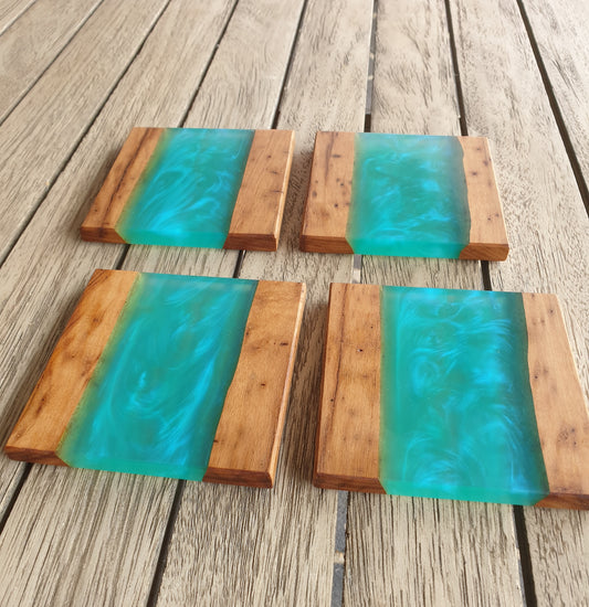 Aqua blue resin and timber Coasters set 2